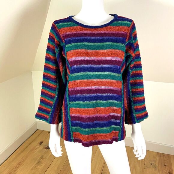 Vintage 70s Renee Tener Outlander Rainbow Striped Metallic Sweater Wool Blend L - Picture 1 of 9